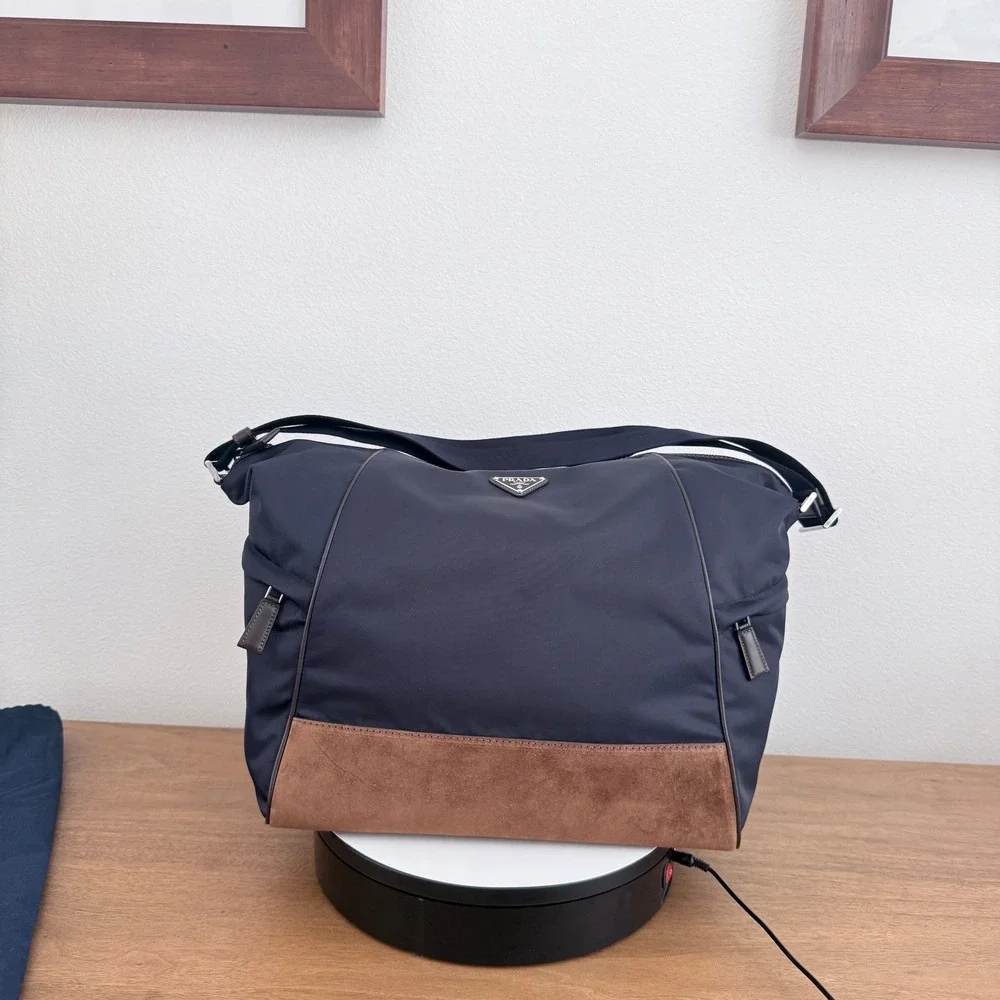 Prada Bandoliera Tessuto Camoscio Messenger Bag Navy Blue Brown 2VH180